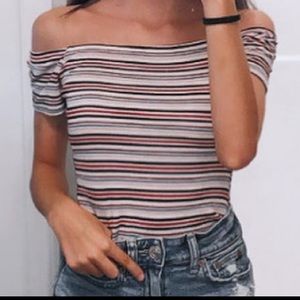 striped off shoulder bodysuit